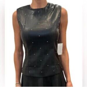 New Bagatella Black Faux Leather Top Women’s Size‎ Large Rhinestones Fitted NWT